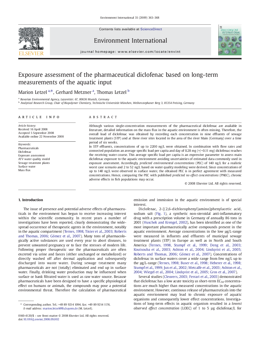 Exposure assessment of the pharmaceutical diclofenac based on long-term measurements of the aquatic input