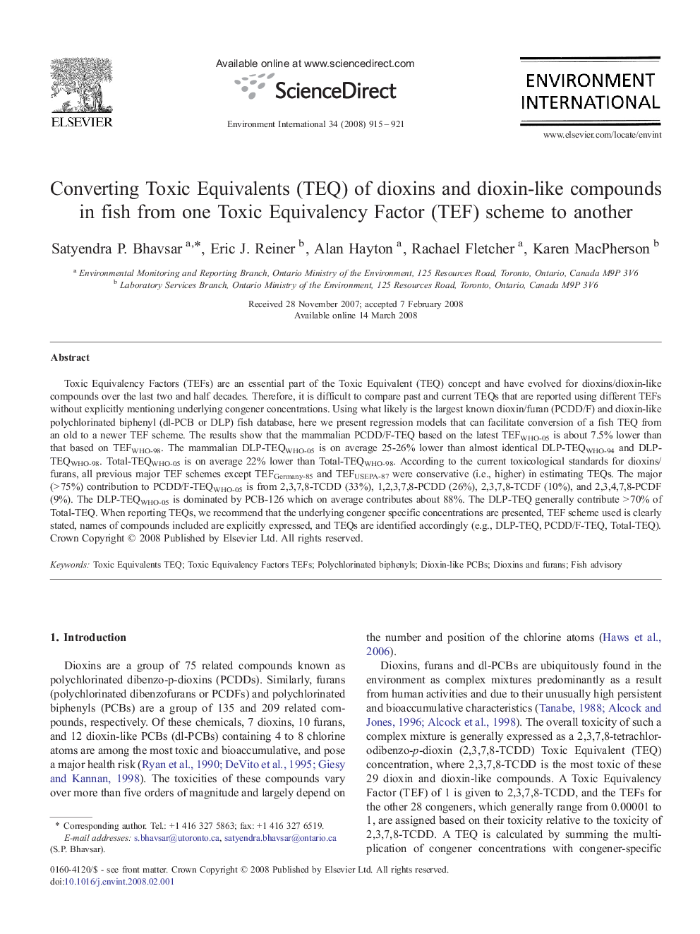 Converting Toxic Equivalents (TEQ) of dioxins and dioxin-like compounds in fish from one Toxic Equivalency Factor (TEF) scheme to another