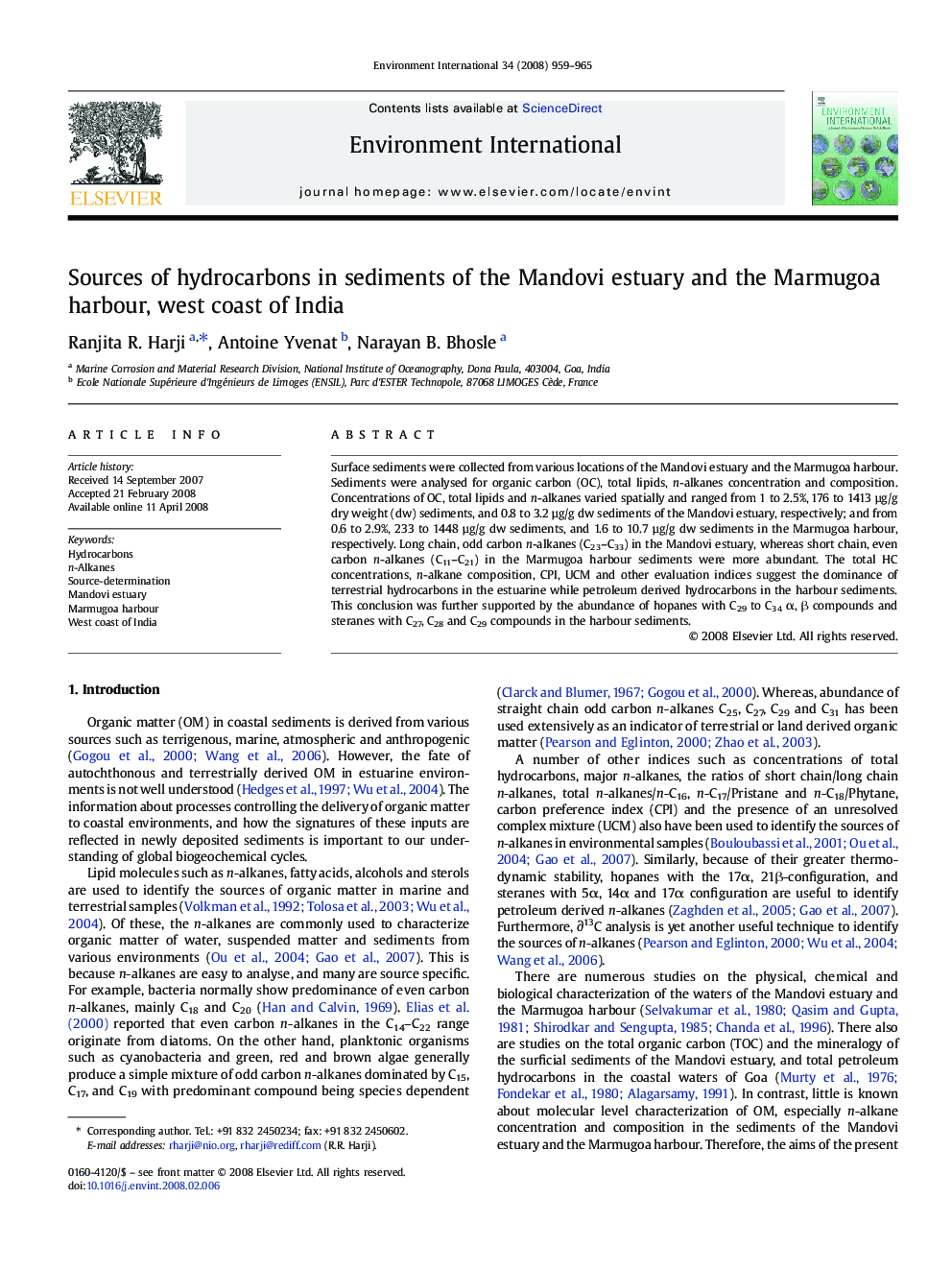 Sources of hydrocarbons in sediments of the Mandovi estuary and the Marmugoa harbour, west coast of India