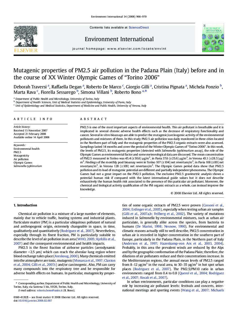 Mutagenic properties of PM2.5 air pollution in the Padana Plain (Italy) before and in the course of XX Winter Olympic Games of “Torino 2006”