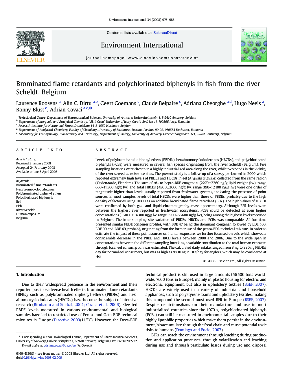 Brominated flame retardants and polychlorinated biphenyls in fish from the river Scheldt, Belgium