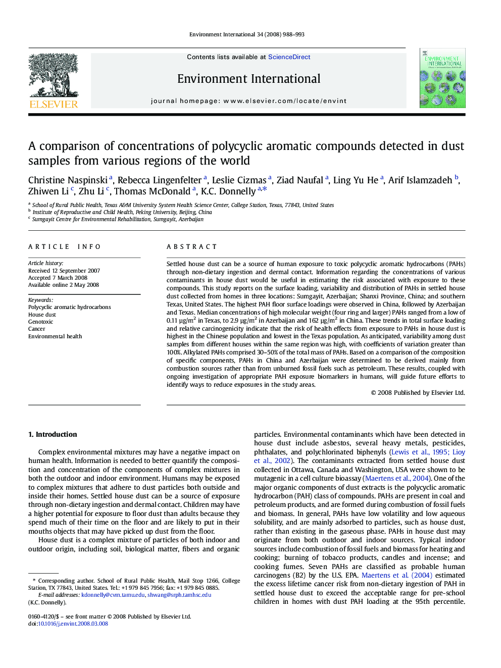 A comparison of concentrations of polycyclic aromatic compounds detected in dust samples from various regions of the world