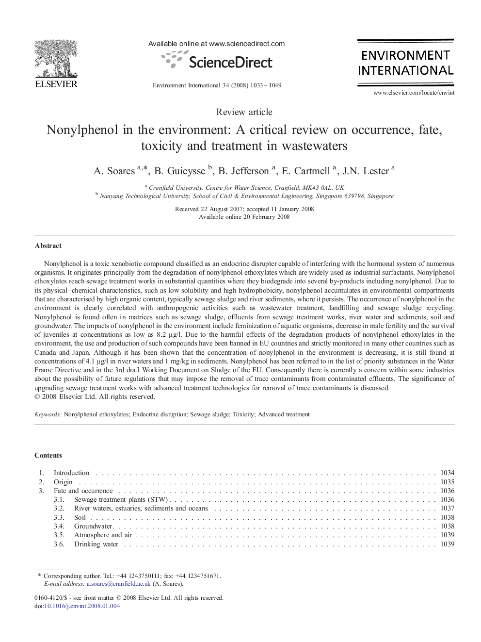 Nonylphenol in the environment: A critical review on occurrence, fate, toxicity and treatment in wastewaters