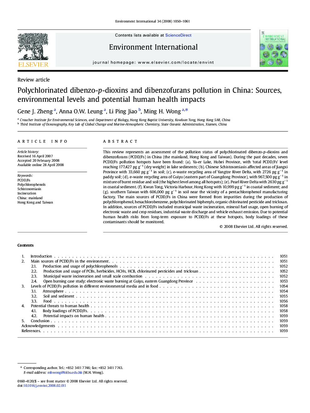 Polychlorinated dibenzo-p-dioxins and dibenzofurans pollution in China: Sources, environmental levels and potential human health impacts