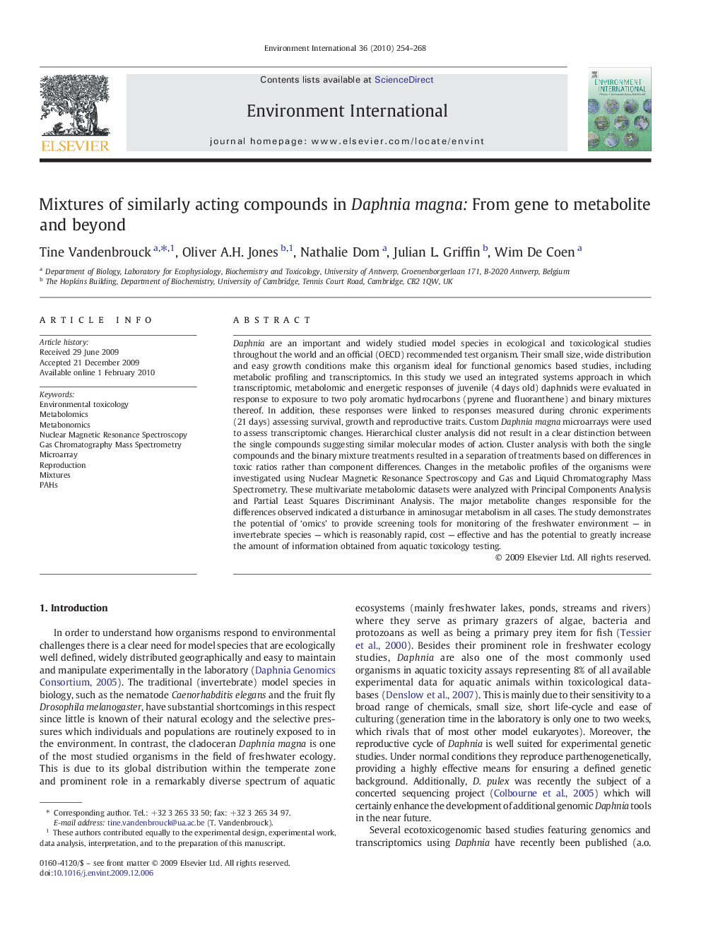 Mixtures of similarly acting compounds in Daphnia magna: From gene to metabolite and beyond