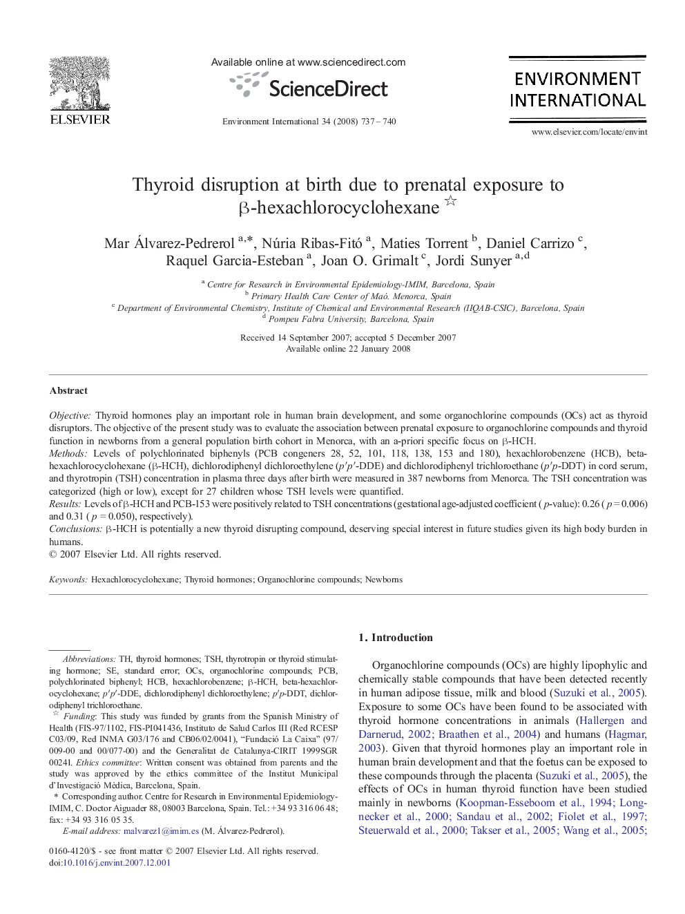 Thyroid disruption at birth due to prenatal exposure to β-hexachlorocyclohexane 