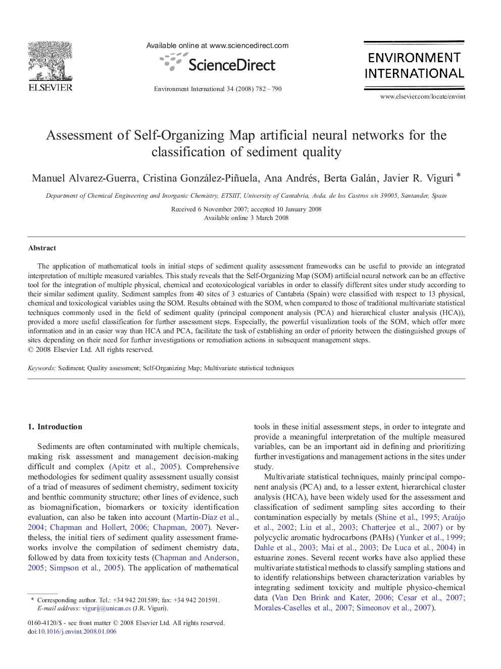 Assessment of Self-Organizing Map artificial neural networks for the classification of sediment quality