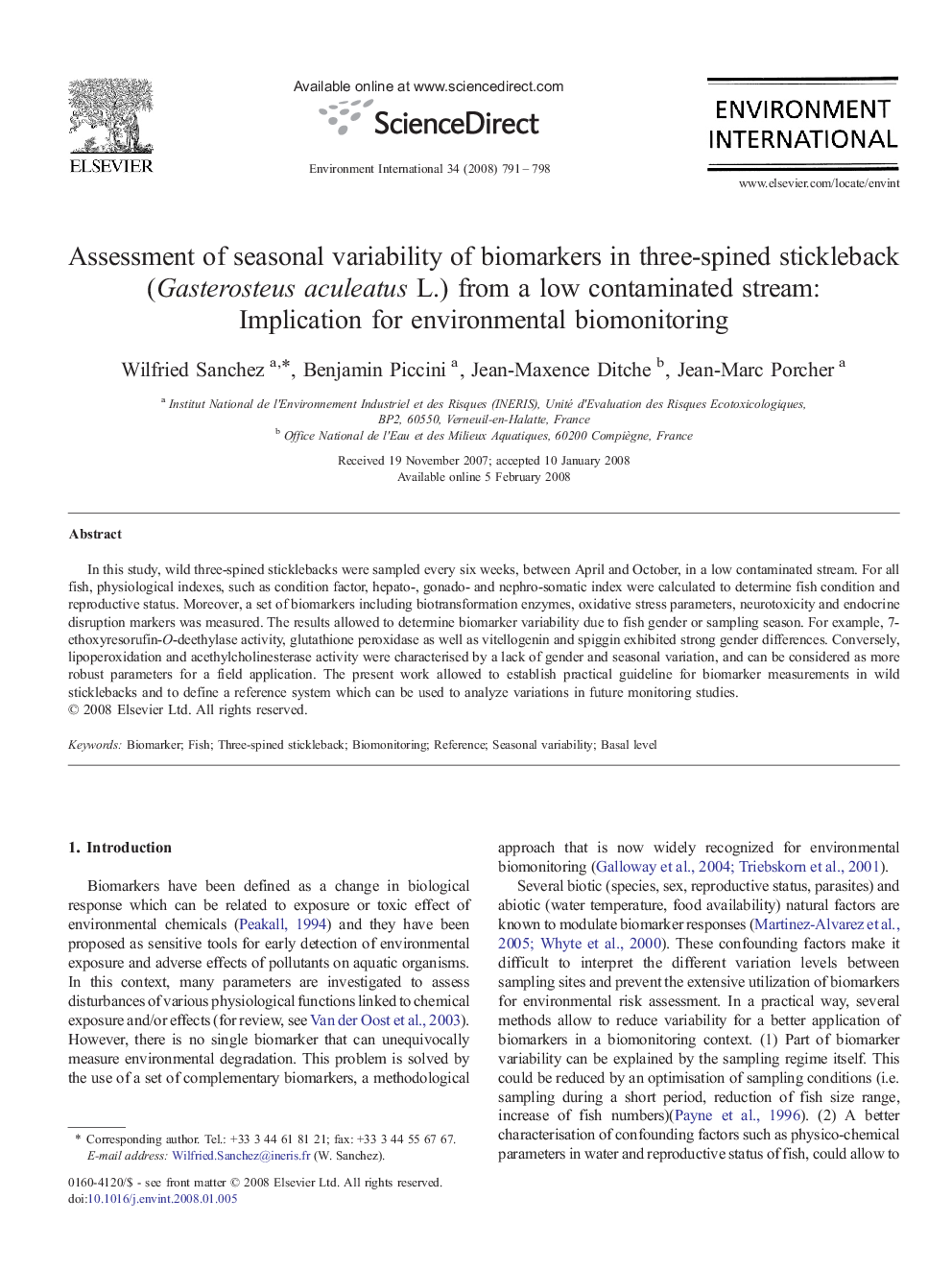 Assessment of seasonal variability of biomarkers in three-spined stickleback (Gasterosteus aculeatus L.) from a low contaminated stream: Implication for environmental biomonitoring