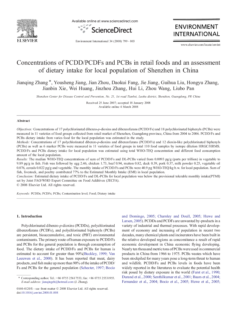 Concentrations of PCDD/PCDFs and PCBs in retail foods and an assessment of dietary intake for local population of Shenzhen in China