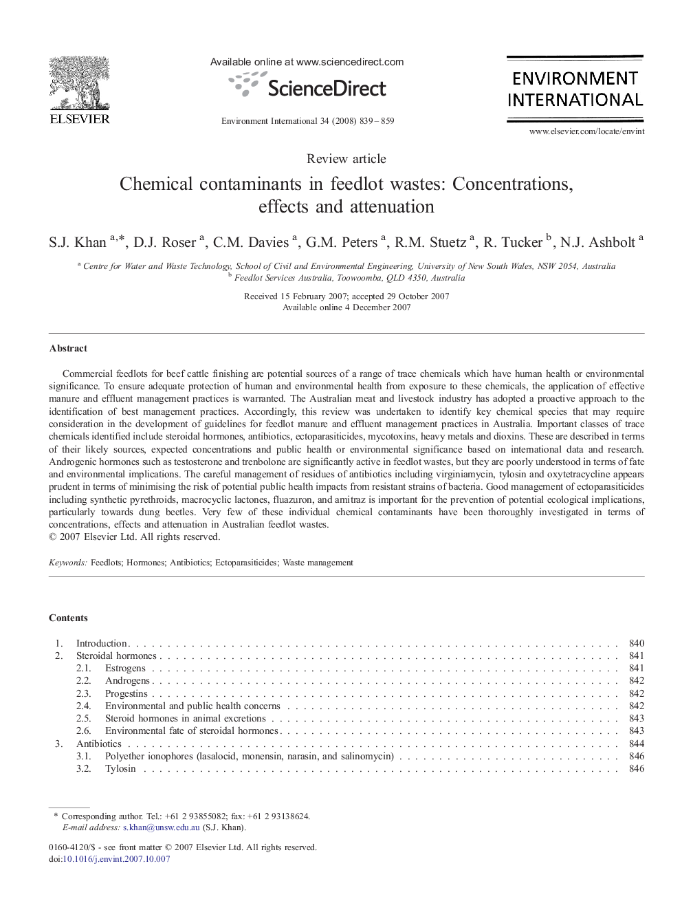 Chemical contaminants in feedlot wastes: Concentrations, effects and attenuation