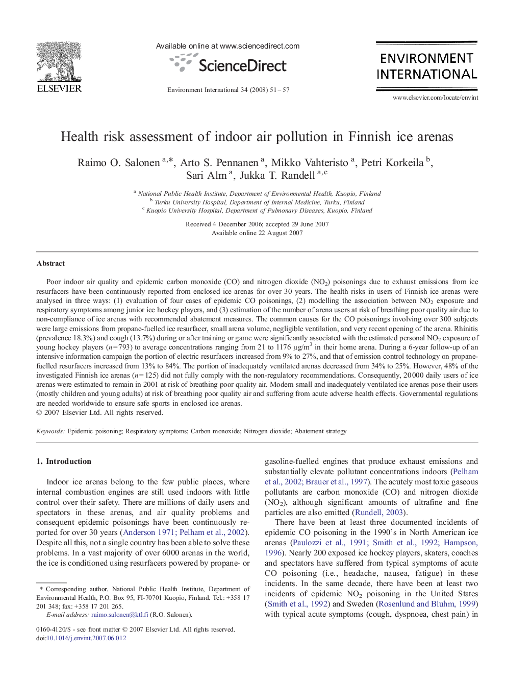 Health risk assessment of indoor air pollution in Finnish ice arenas