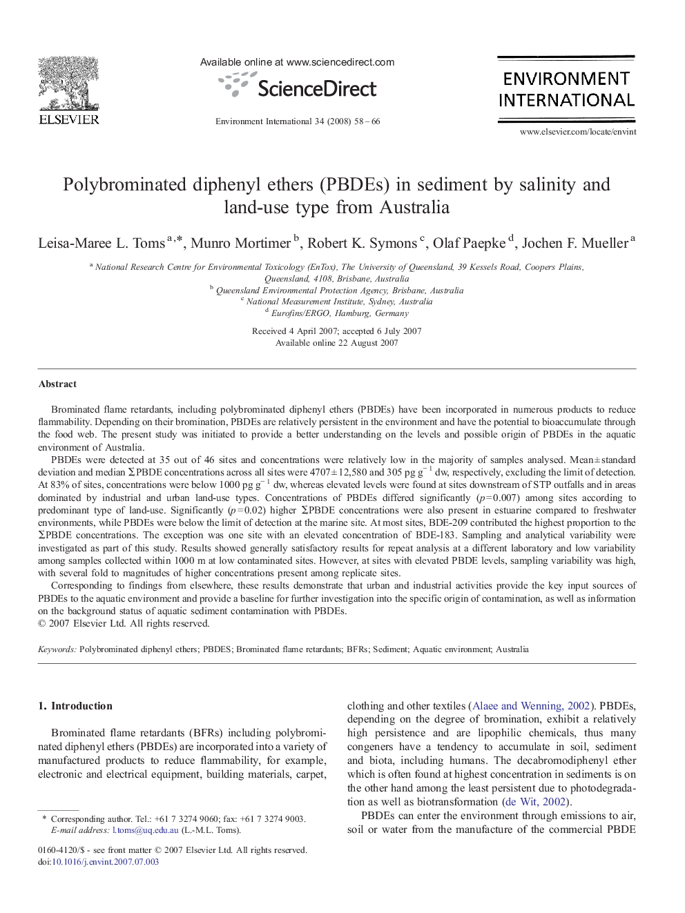 Polybrominated diphenyl ethers (PBDEs) in sediment by salinity and land-use type from Australia