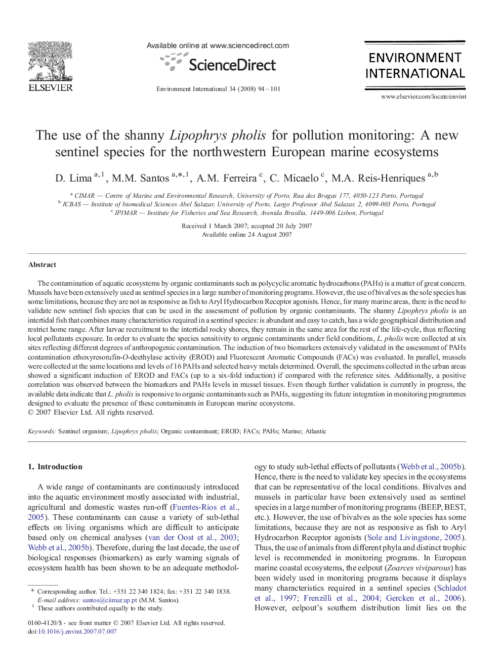 The use of the shanny Lipophrys pholis for pollution monitoring: A new sentinel species for the northwestern European marine ecosystems