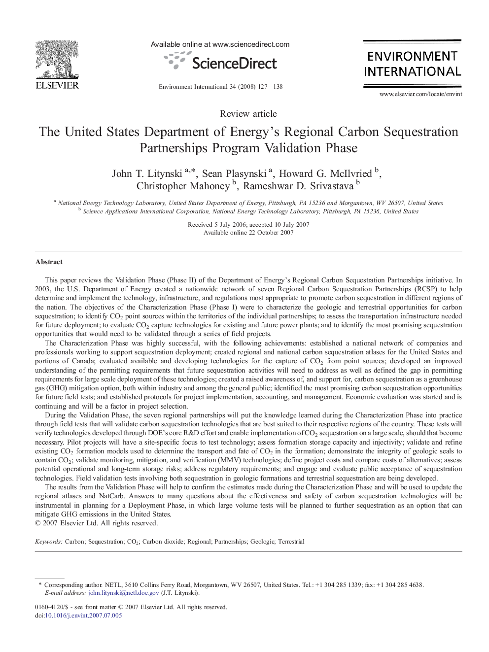 The United States Department of Energy's Regional Carbon Sequestration Partnerships Program Validation Phase