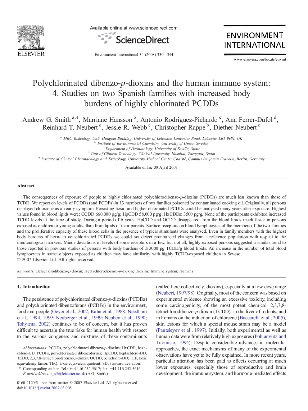 Polychlorinated dibenzo-p-dioxins and the human immune system: 4. Studies on two Spanish families with increased body burdens of highly chlorinated PCDDs