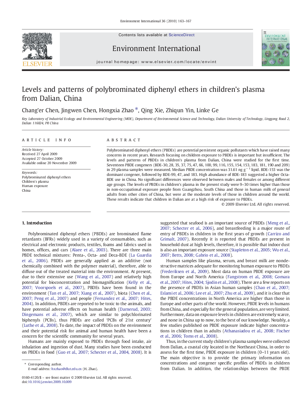 Levels and patterns of polybrominated diphenyl ethers in children's plasma from Dalian, China