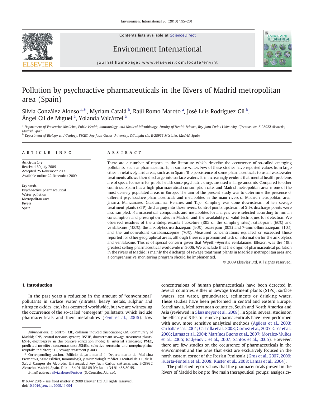 Pollution by psychoactive pharmaceuticals in the Rivers of Madrid metropolitan area (Spain)