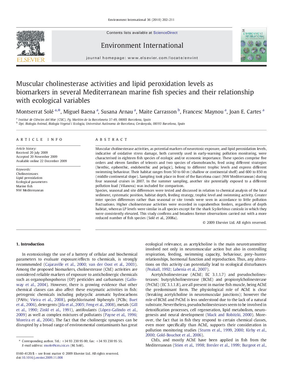 Muscular cholinesterase activities and lipid peroxidation levels as biomarkers in several Mediterranean marine fish species and their relationship with ecological variables