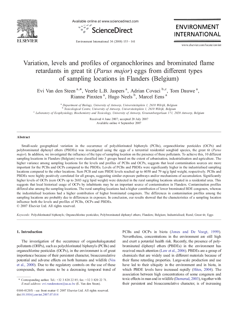 Variation, levels and profiles of organochlorines and brominated flame retardants in great tit (Parus major) eggs from different types of sampling locations in Flanders (Belgium)