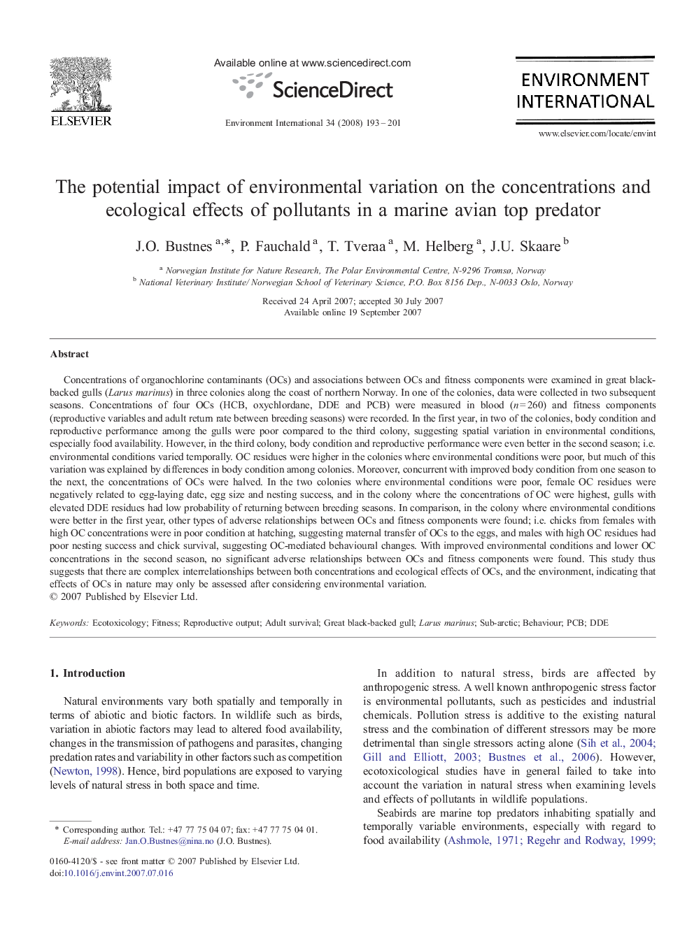 The potential impact of environmental variation on the concentrations and ecological effects of pollutants in a marine avian top predator