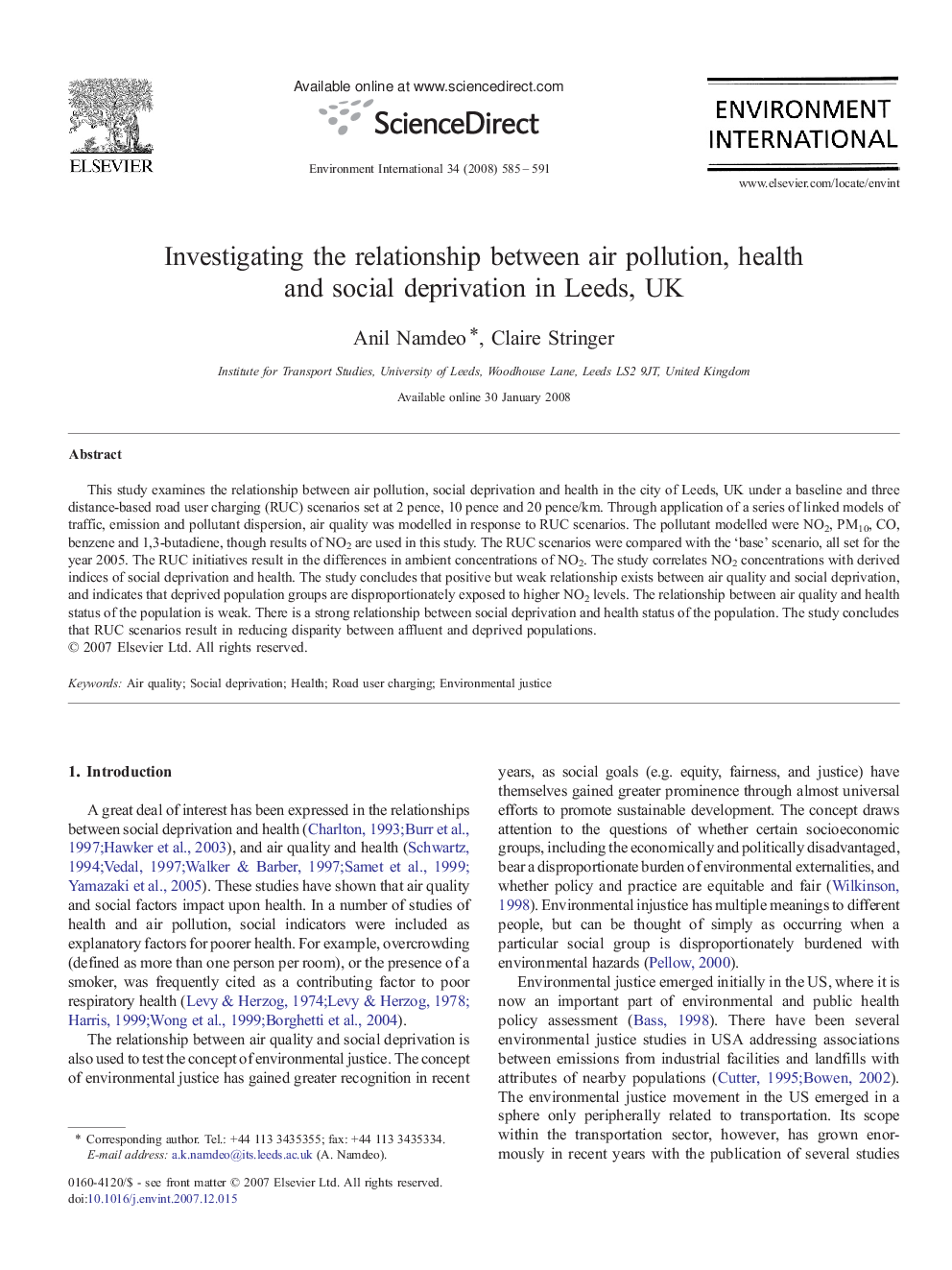 Investigating the relationship between air pollution, health and social deprivation in Leeds, UK