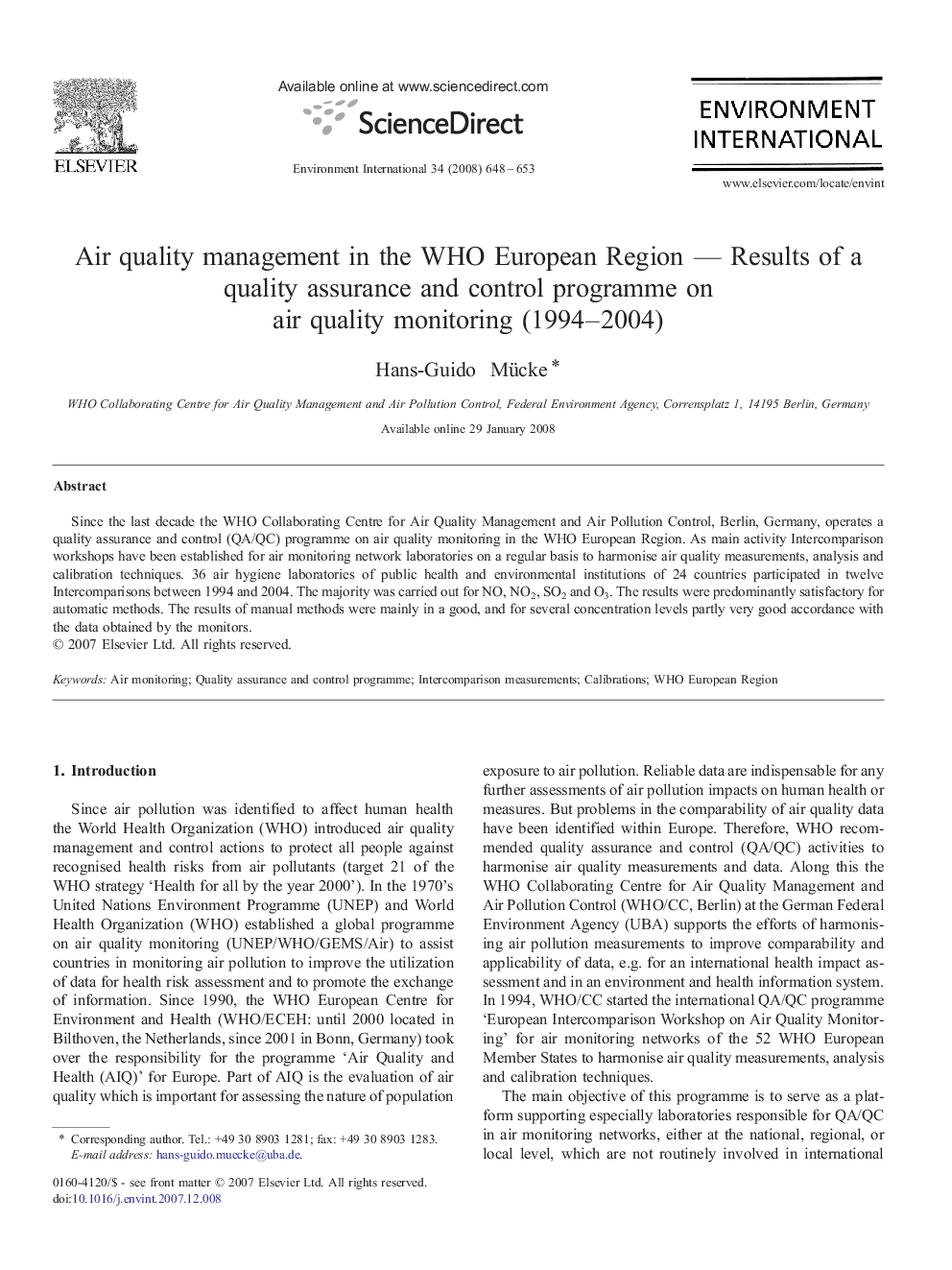 Air quality management in the WHO European Region — Results of a quality assurance and control programme on air quality monitoring (1994–2004)