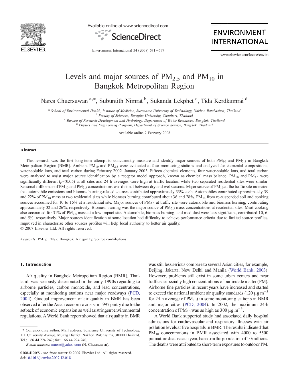 Levels and major sources of PM2.5 and PM10 in Bangkok Metropolitan Region