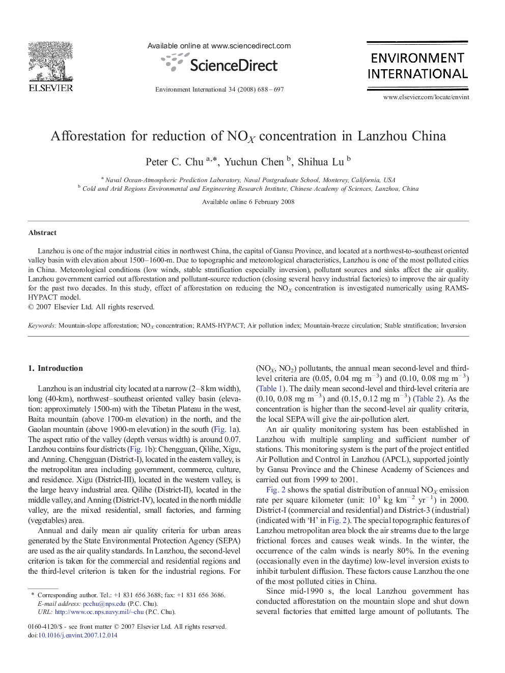 Afforestation for reduction of NOX concentration in Lanzhou China