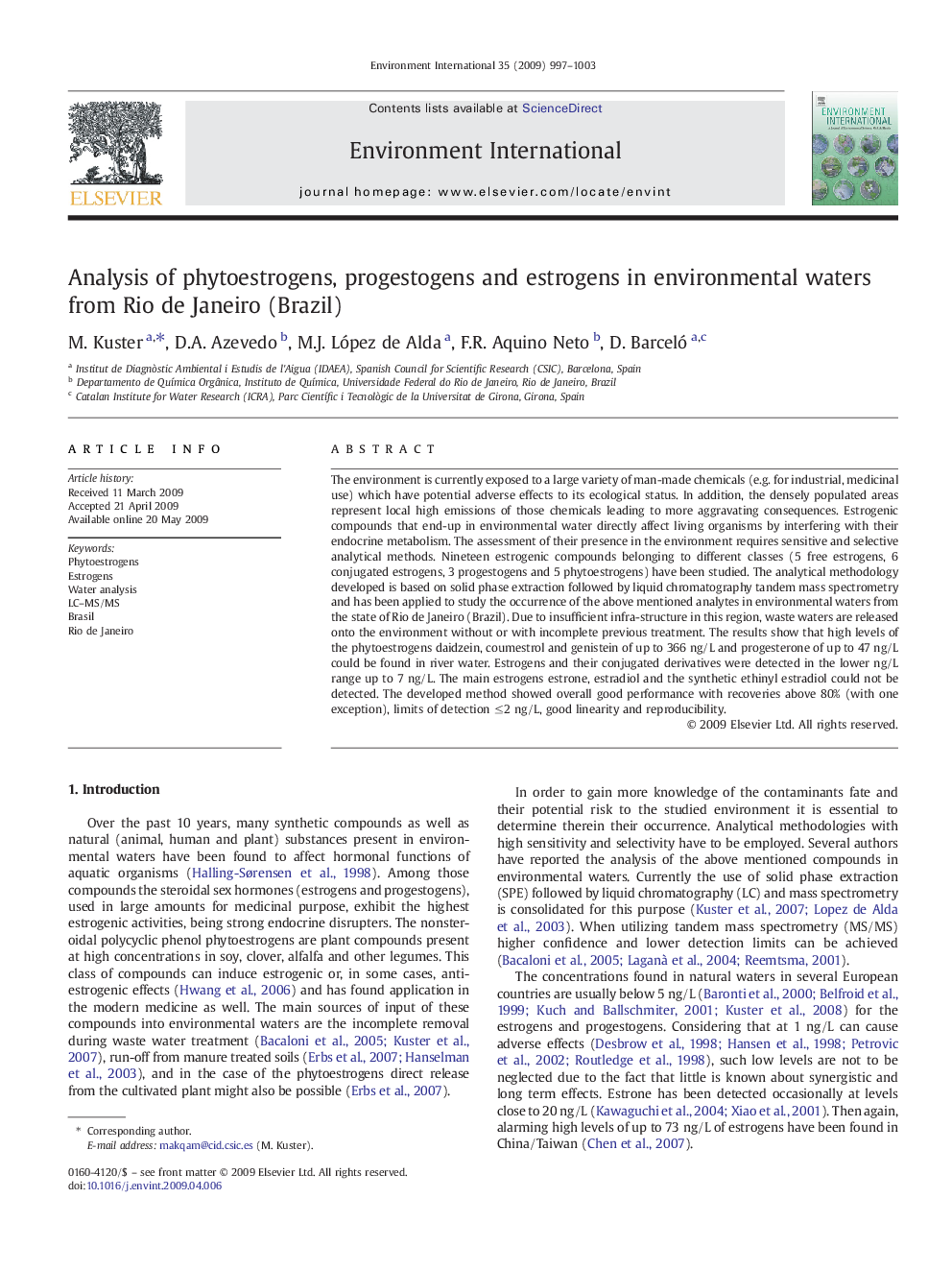 Analysis of phytoestrogens, progestogens and estrogens in environmental waters from Rio de Janeiro (Brazil)