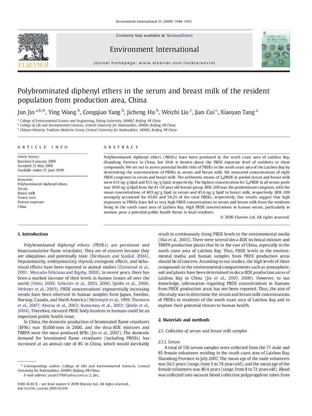 Polybrominated diphenyl ethers in the serum and breast milk of the resident population from production area, China