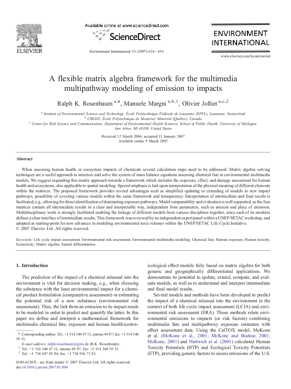 A flexible matrix algebra framework for the multimedia multipathway modeling of emission to impacts