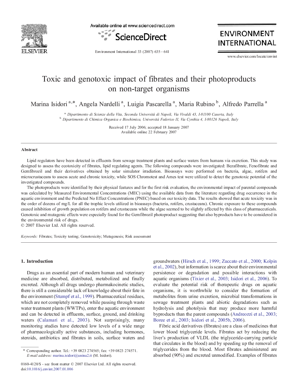 Toxic and genotoxic impact of fibrates and their photoproducts on non-target organisms