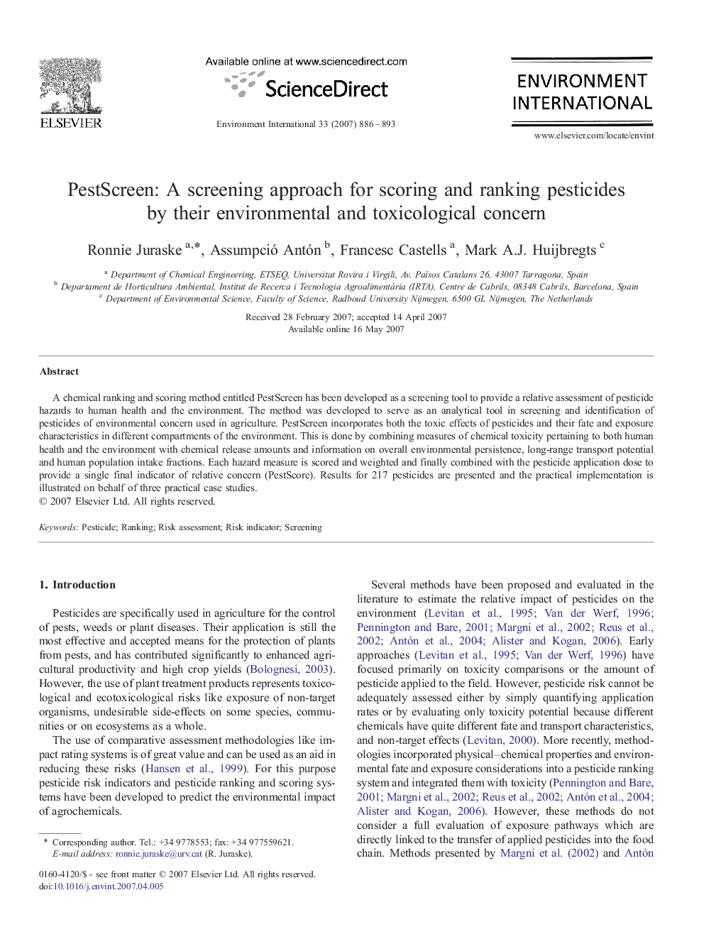 PestScreen: A screening approach for scoring and ranking pesticides by their environmental and toxicological concern