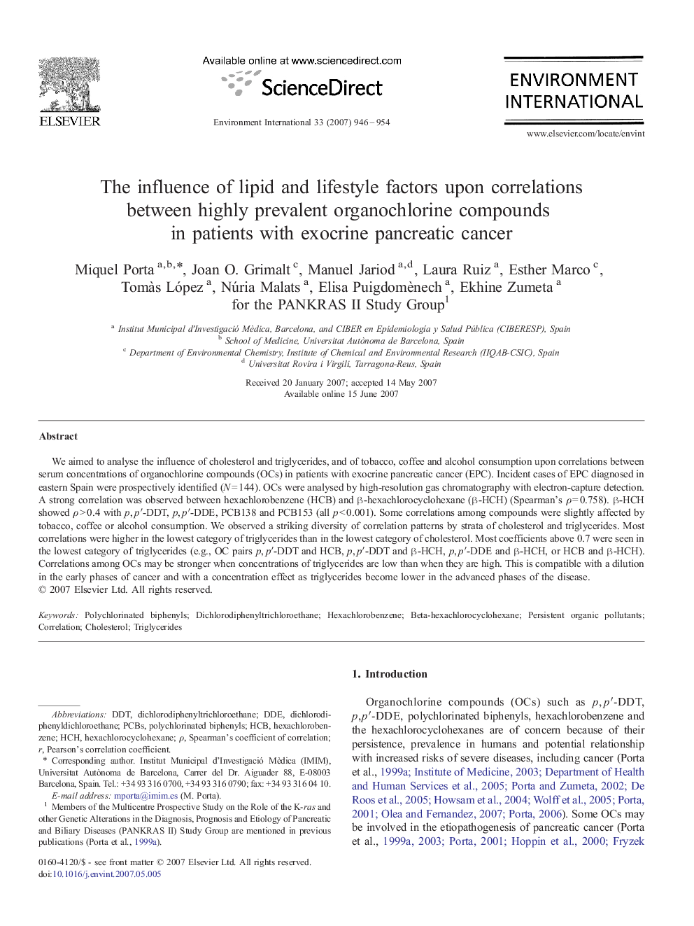 The influence of lipid and lifestyle factors upon correlations between highly prevalent organochlorine compounds in patients with exocrine pancreatic cancer