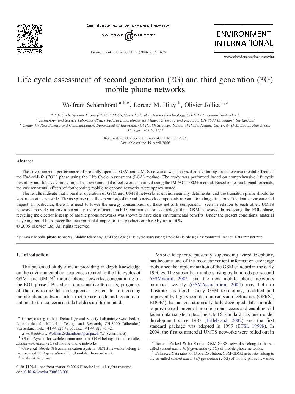 Life cycle assessment of second generation (2G) and third generation (3G) mobile phone networks