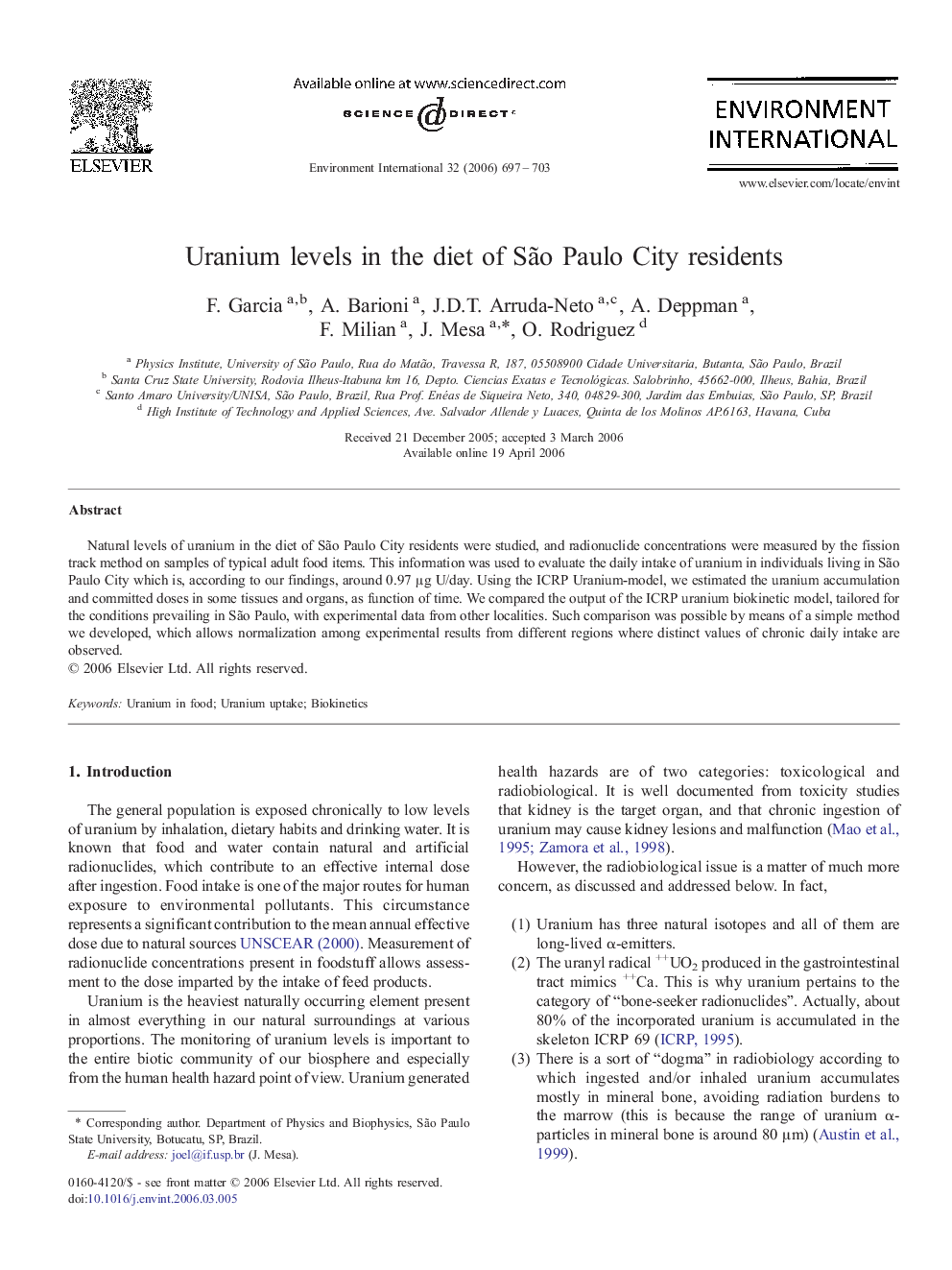 Uranium levels in the diet of São Paulo City residents