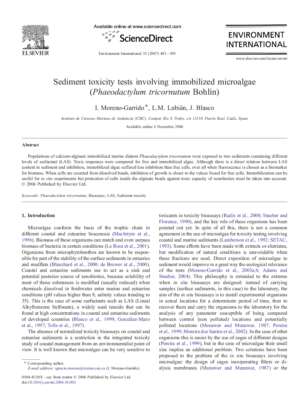 Sediment toxicity tests involving immobilized microalgae (Phaeodactylum tricornutum Bohlin)