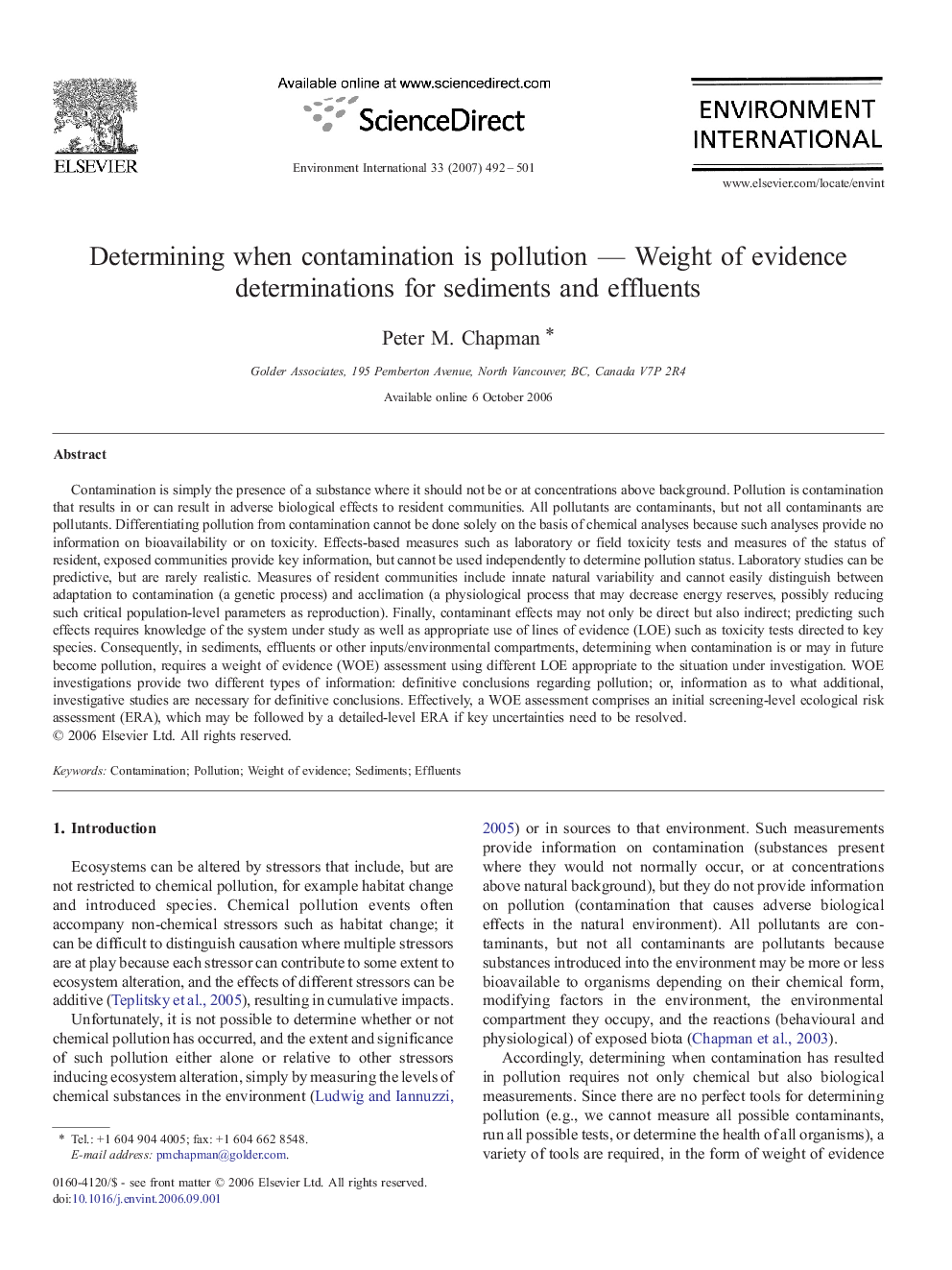 Determining when contamination is pollution — Weight of evidence determinations for sediments and effluents