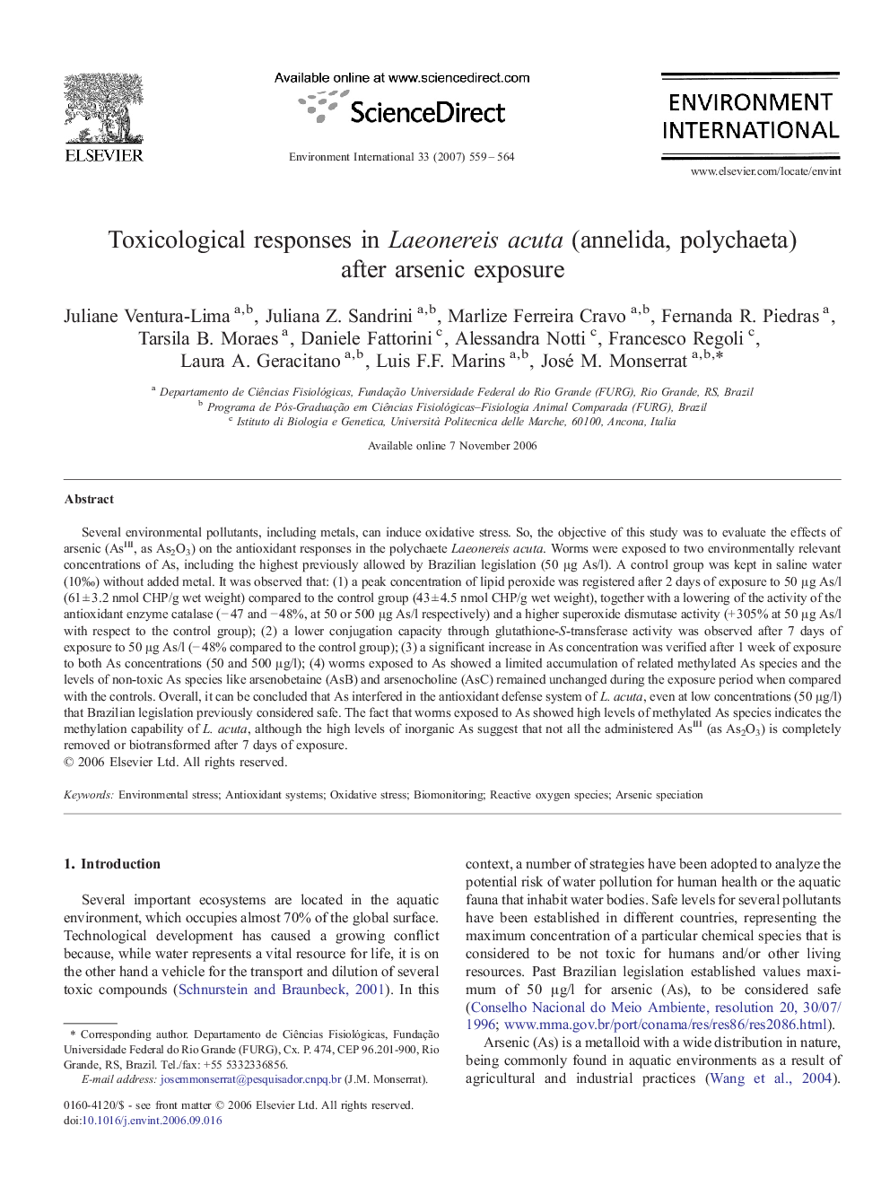 Toxicological responses in Laeonereis acuta (annelida, polychaeta) after arsenic exposure