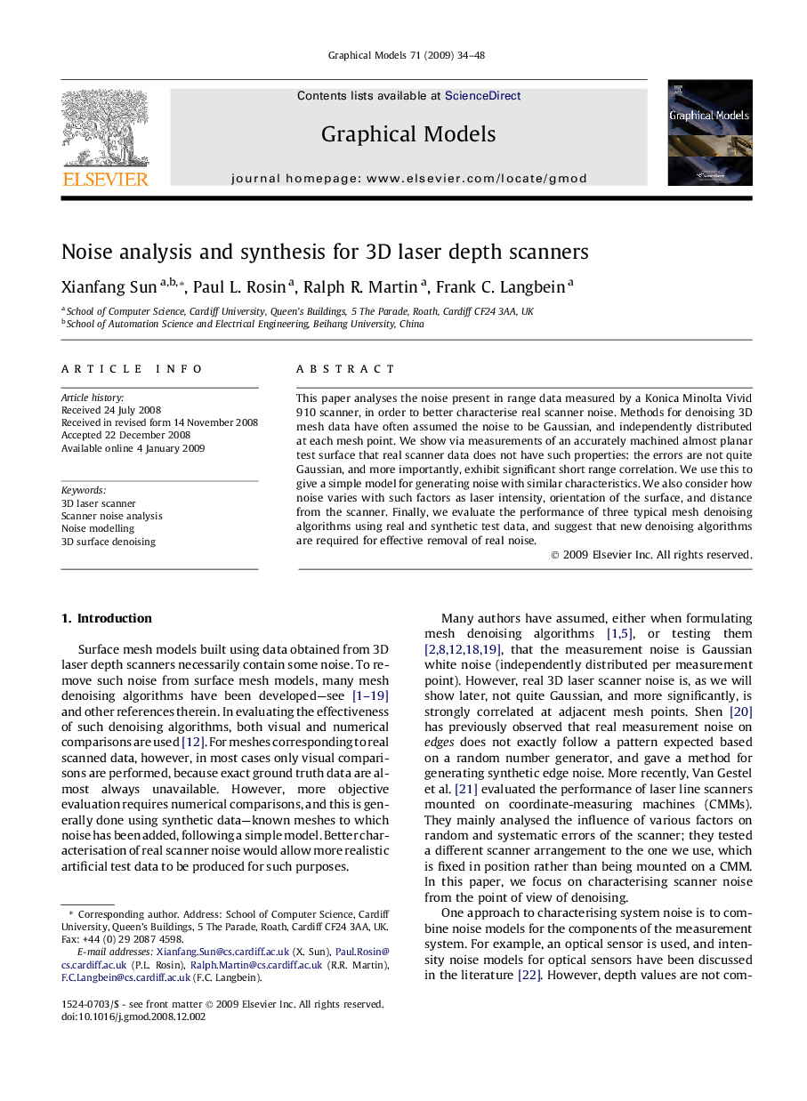 Noise analysis and synthesis for 3D laser depth scanners