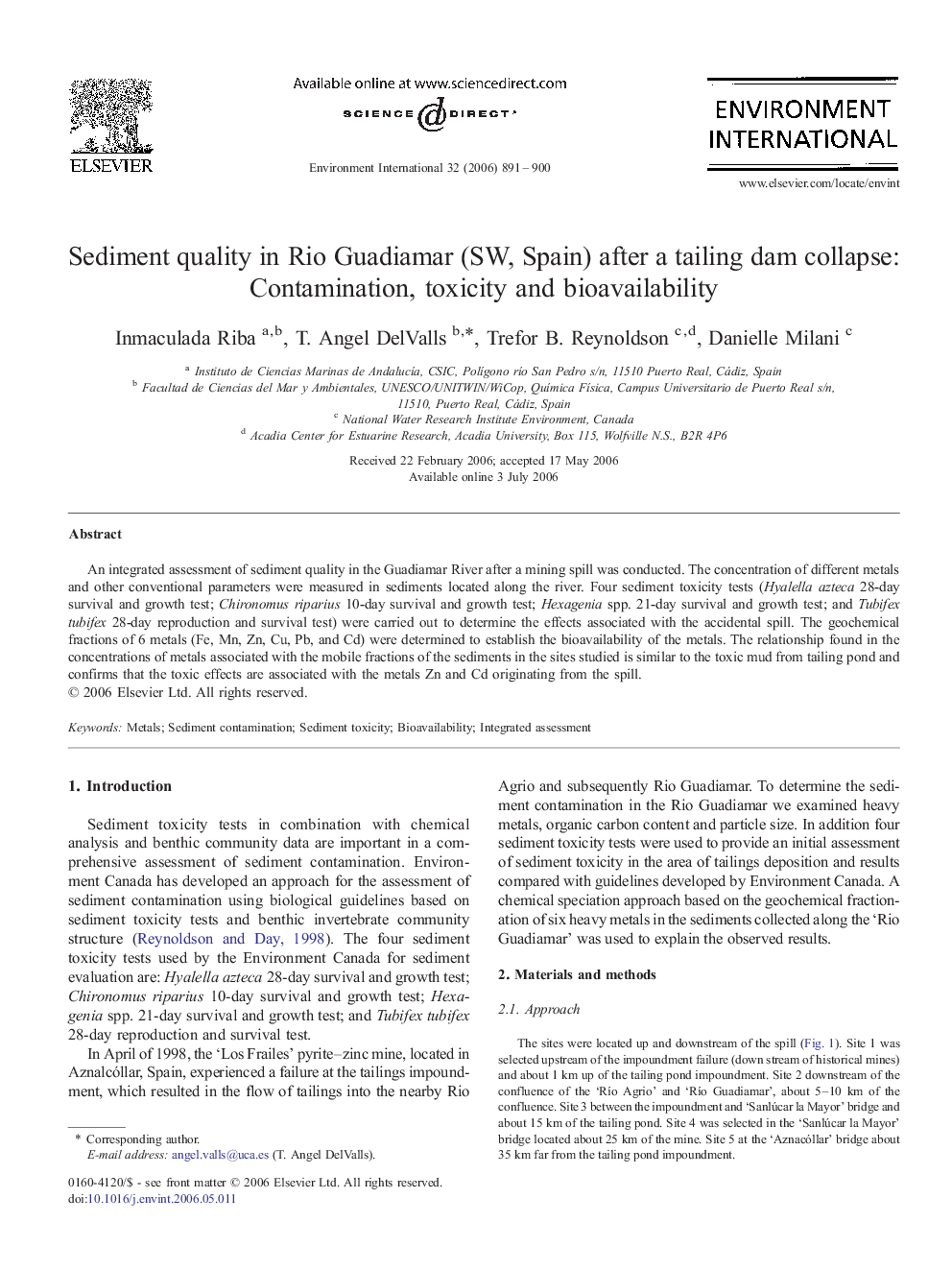 Sediment quality in Rio Guadiamar (SW, Spain) after a tailing dam collapse: Contamination, toxicity and bioavailability