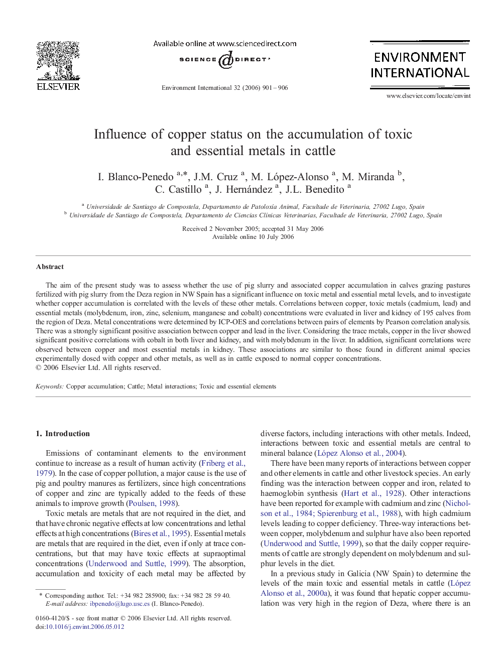 Influence of copper status on the accumulation of toxic and essential metals in cattle