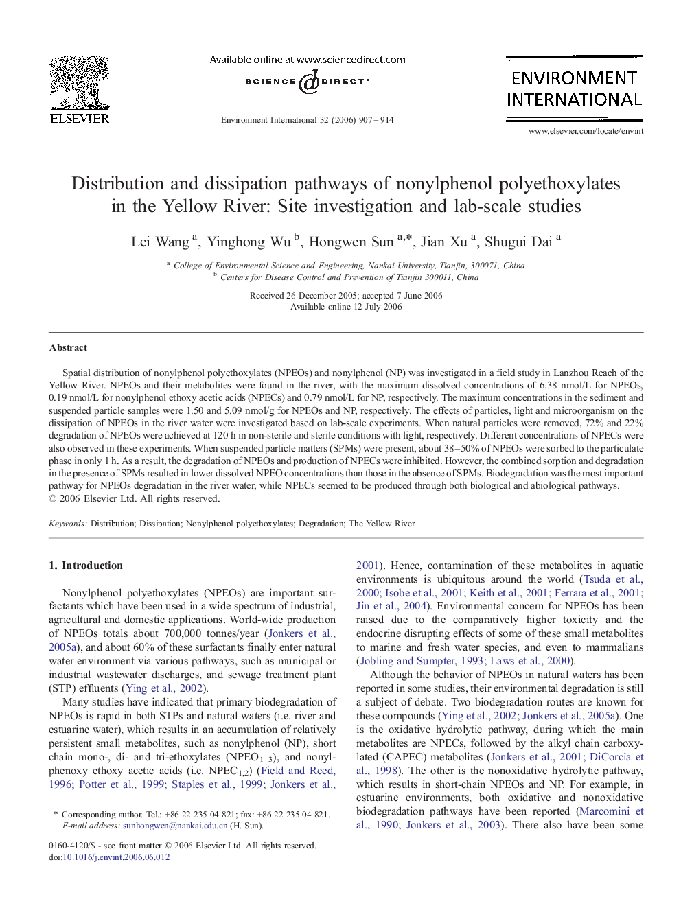 Distribution and dissipation pathways of nonylphenol polyethoxylates in the Yellow River: Site investigation and lab-scale studies