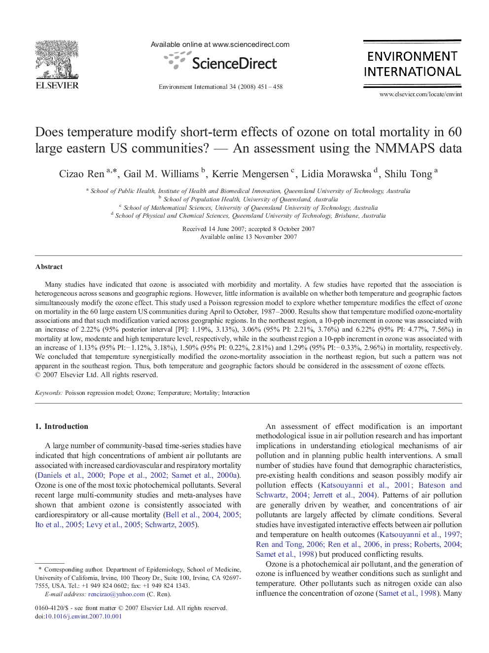 Does temperature modify short-term effects of ozone on total mortality in 60 large eastern US communities? — An assessment using the NMMAPS data