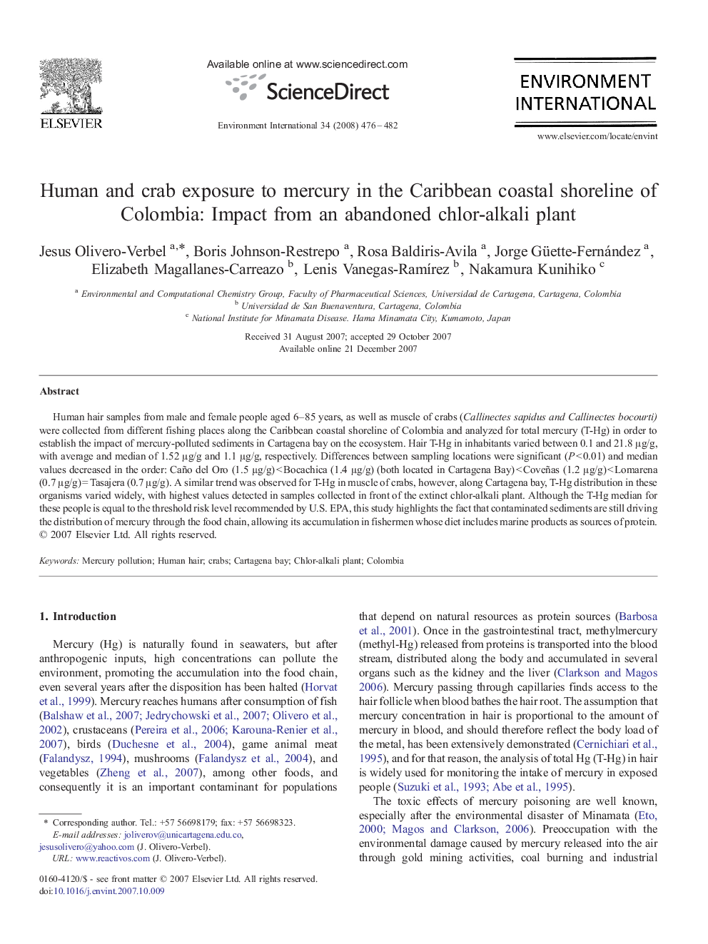 Human and crab exposure to mercury in the Caribbean coastal shoreline of Colombia: Impact from an abandoned chlor-alkali plant