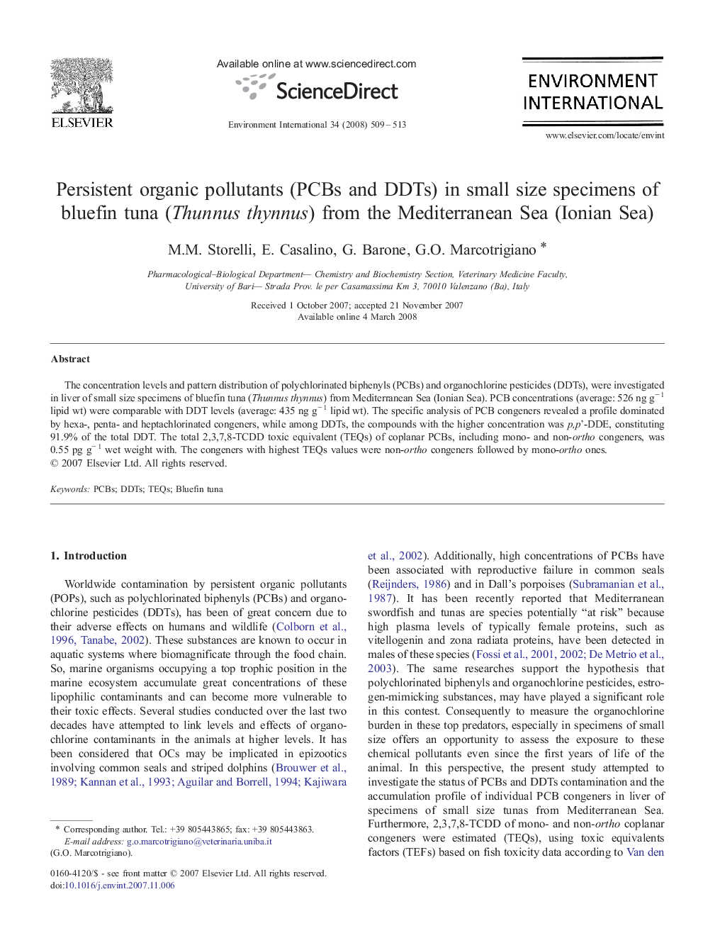 Persistent organic pollutants (PCBs and DDTs) in small size specimens of bluefin tuna (Thunnus thynnus) from the Mediterranean Sea (Ionian Sea)