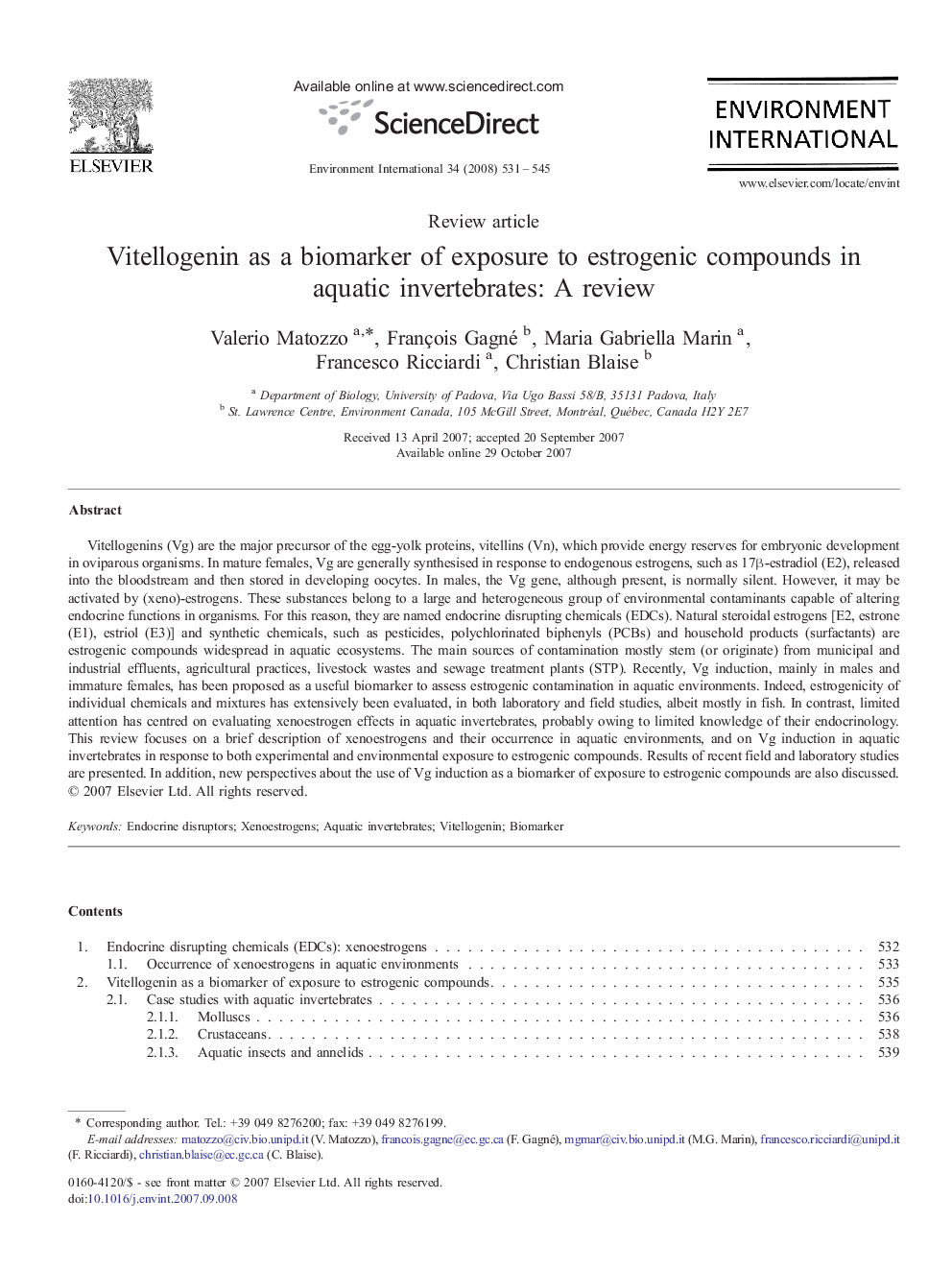 Vitellogenin as a biomarker of exposure to estrogenic compounds in aquatic invertebrates: A review