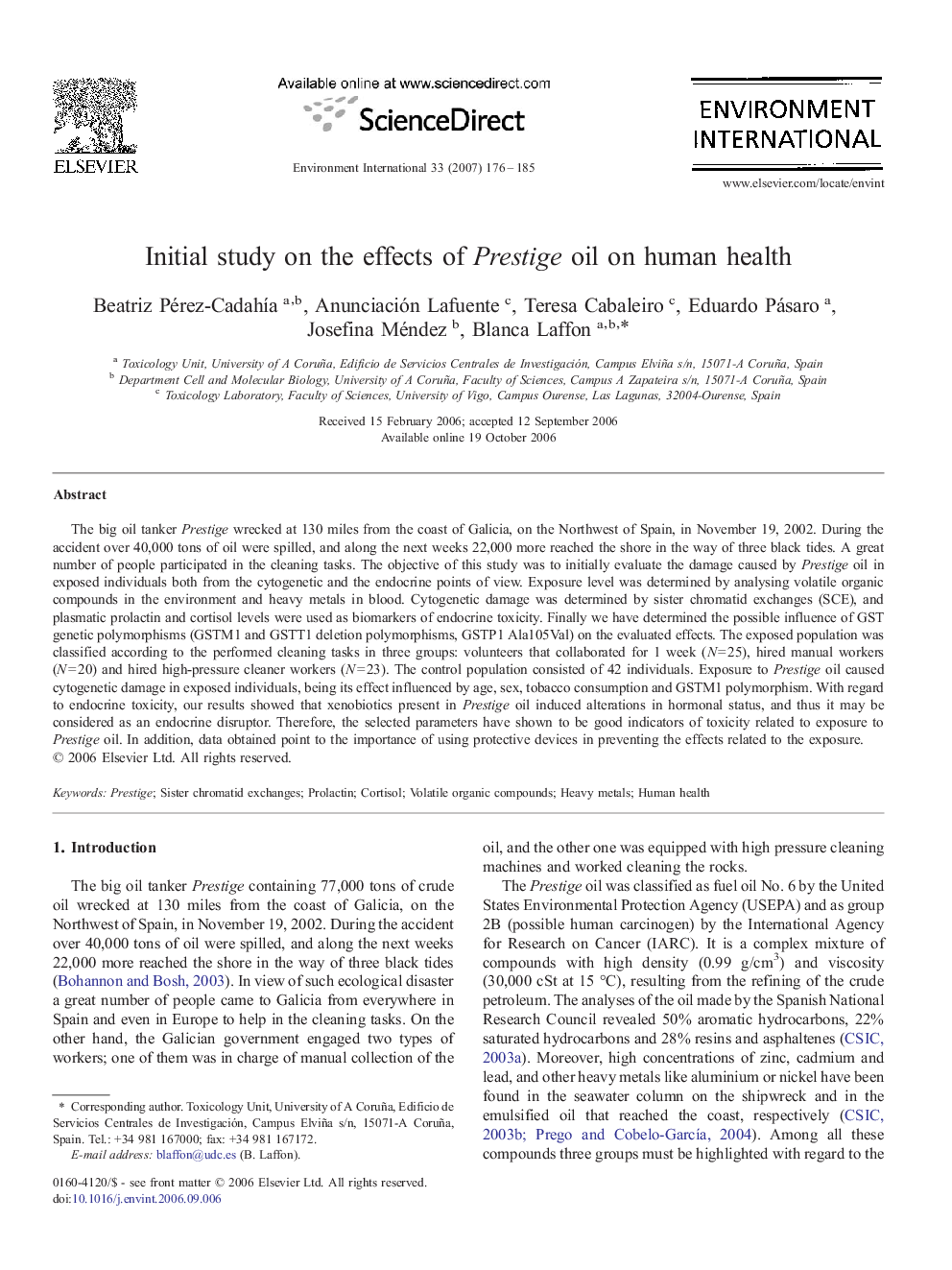 Initial study on the effects of Prestige oil on human health