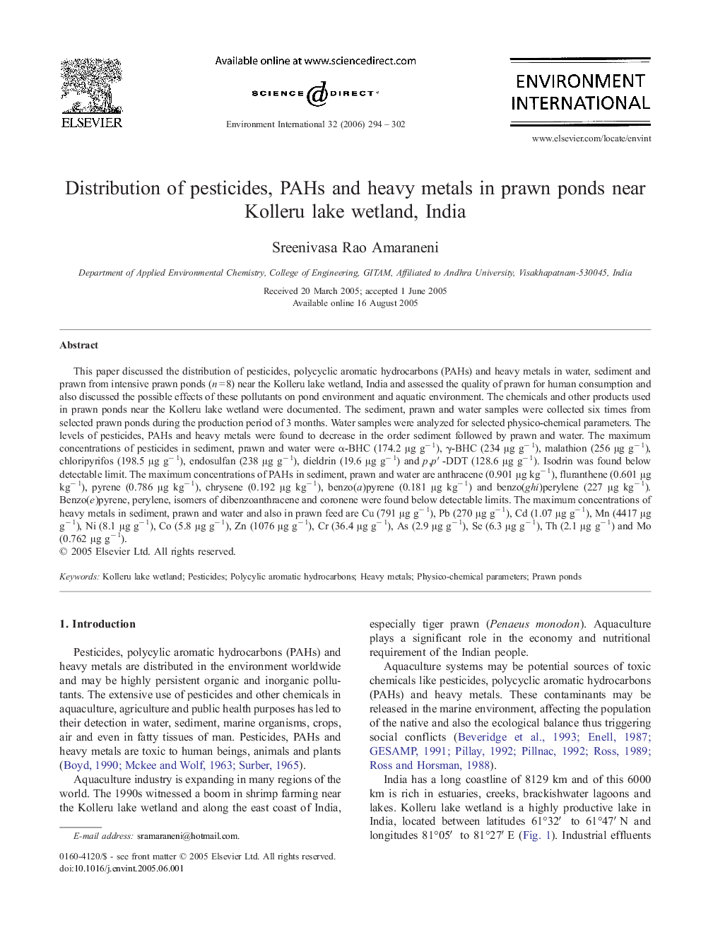 Distribution of pesticides, PAHs and heavy metals in prawn ponds near Kolleru lake wetland, India