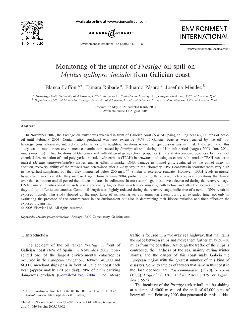 Monitoring of the impact of Prestige oil spill on Mytilus galloprovincialis from Galician coast